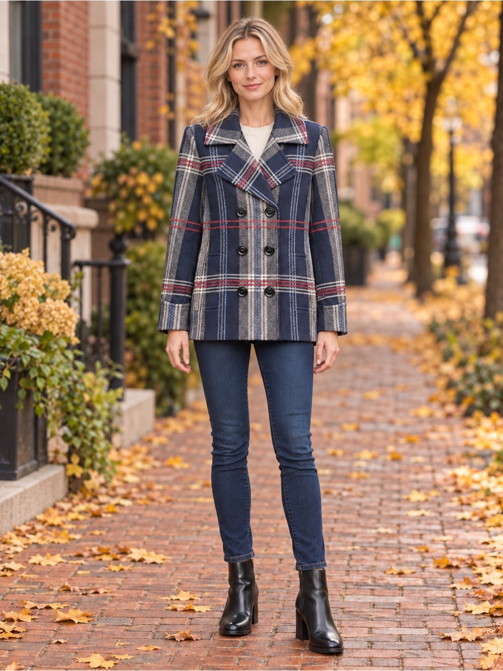 Tommy Hilfiger Y2K Navy Plaid Wool Blend Double Breasted Peacoat Women’s Small
